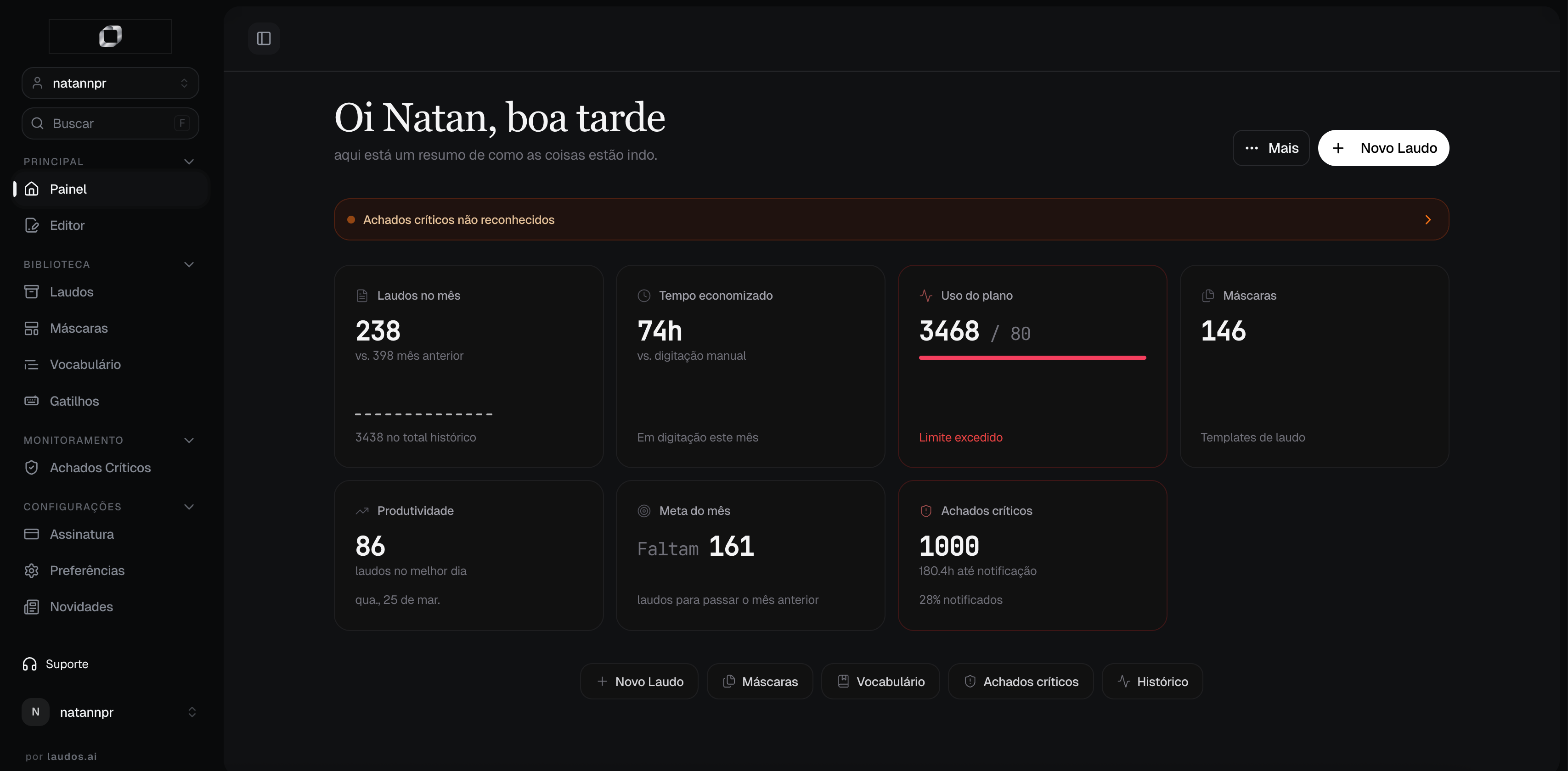 Panel de Laudos.AI con KPIs de producción, tiempo recuperado, uso del plan, plantillas y hallazgos críticos